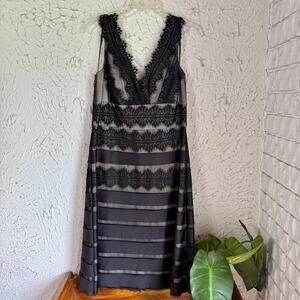 JS Collections Black Lace Sheer Panel Dress Size 12 Sleeveless Deep V Cocktail
